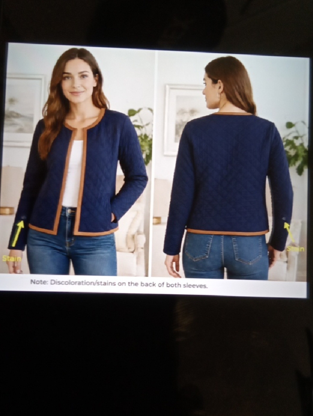 Vineyard Vines Navy Quilted Jacket with Brown Leather Trim Cropped Womens M
